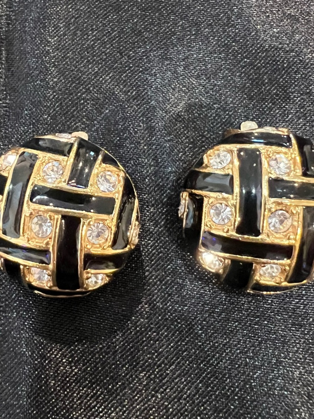Vintage Roman Black and Gold Clip On Earrings with Crystal Accents